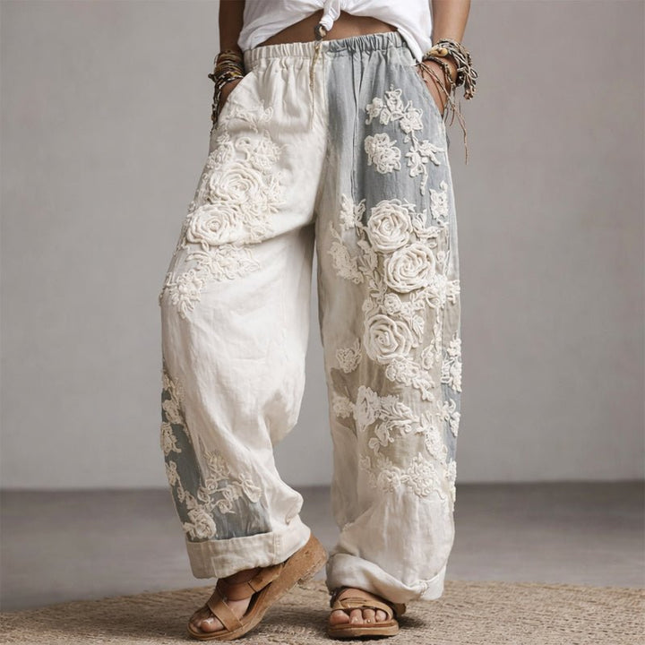 Damen Weite Hose mit Blumenstickerei und Kordelzug - Gray