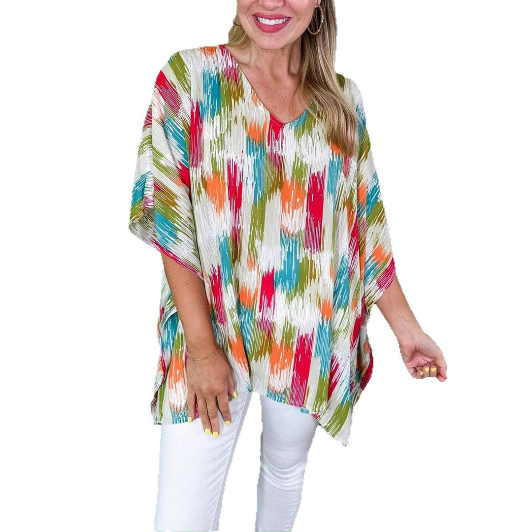 Damen Weite V-Ausschnitt Tunika Buntes Farbverlauf-Muster Oversized