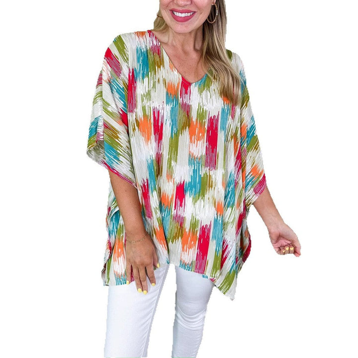 Damen Weite V-Ausschnitt Tunika Buntes Farbverlauf-Muster Oversized