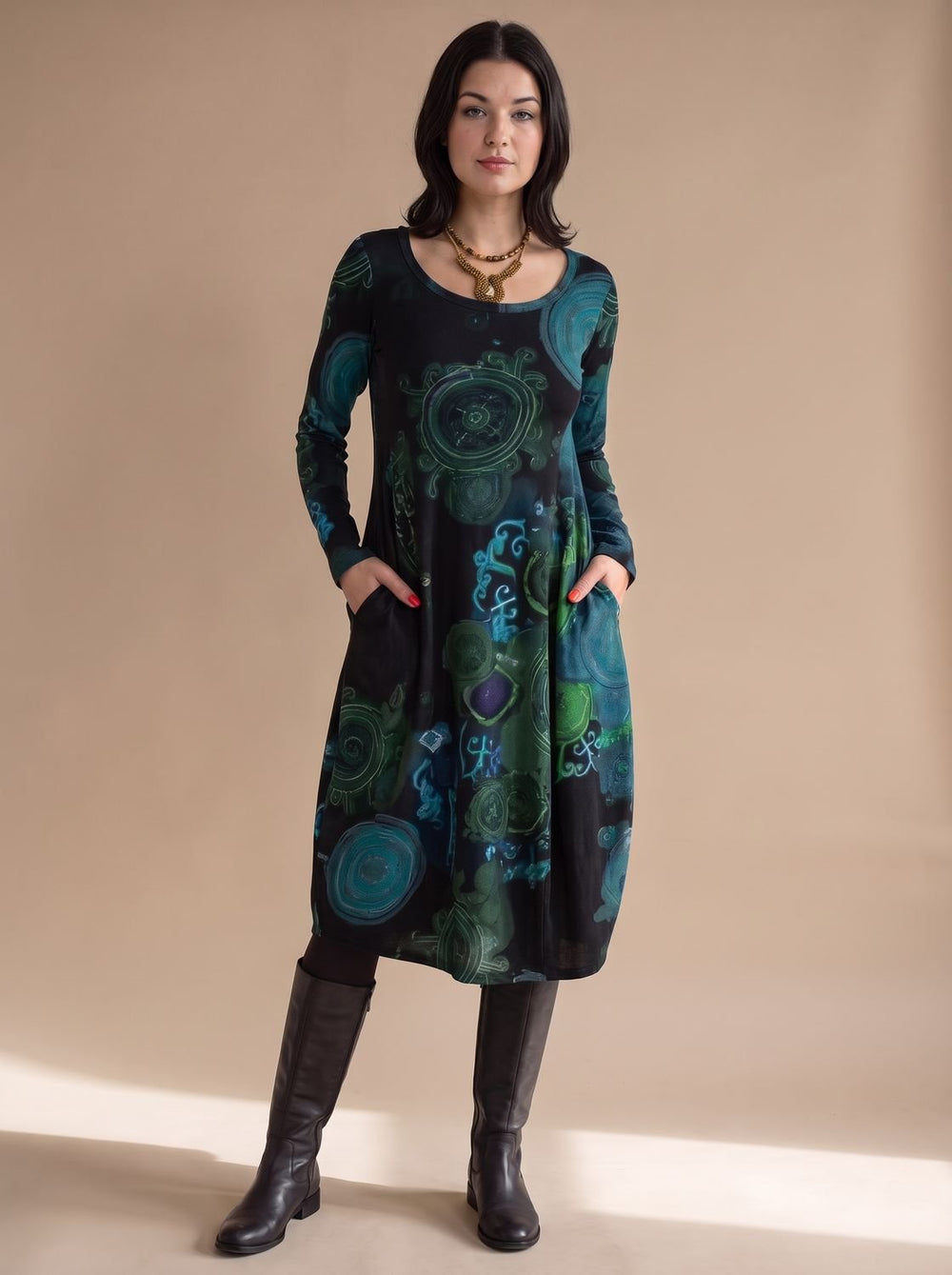 Damen Weites Midikleid mit Allover-Print Langen Ärmeln und Taschen - Blau