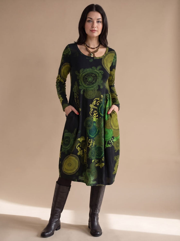 Damen Weites Midikleid mit Allover-Print Langen Ärmeln und Taschen - Grün