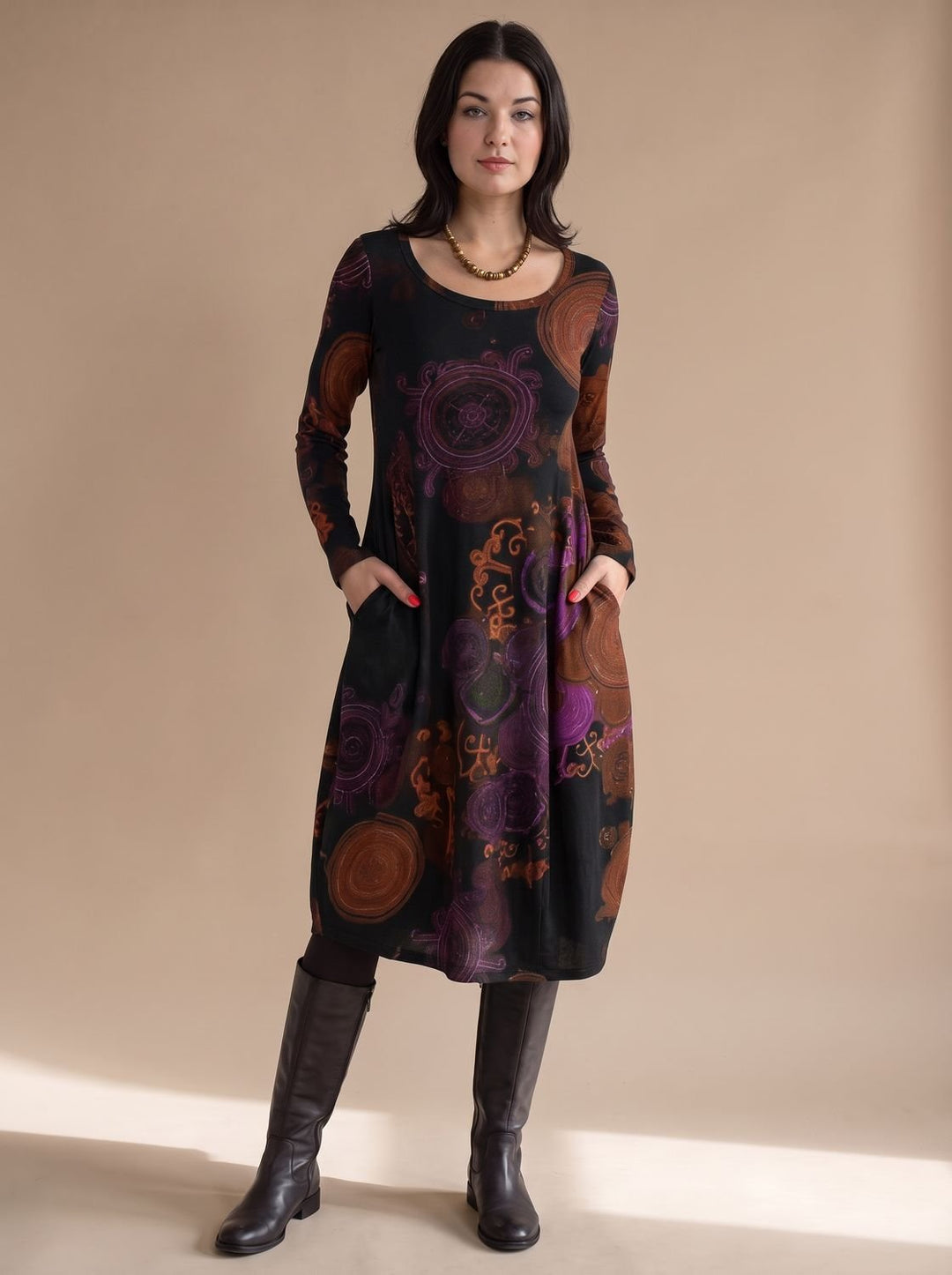 Damen Weites Midikleid mit Allover-Print Langen Ärmeln und Taschen - Rot