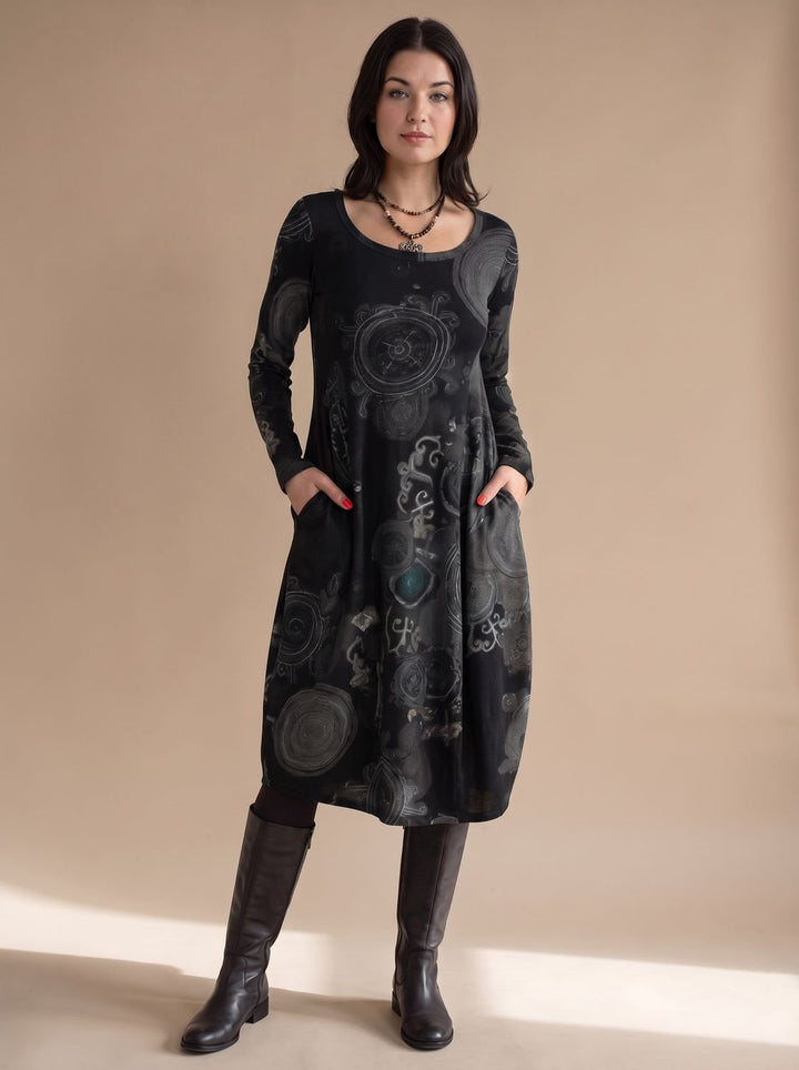 Damen Weites Midikleid mit Allover-Print Langen Ärmeln und Taschen - Schwarz