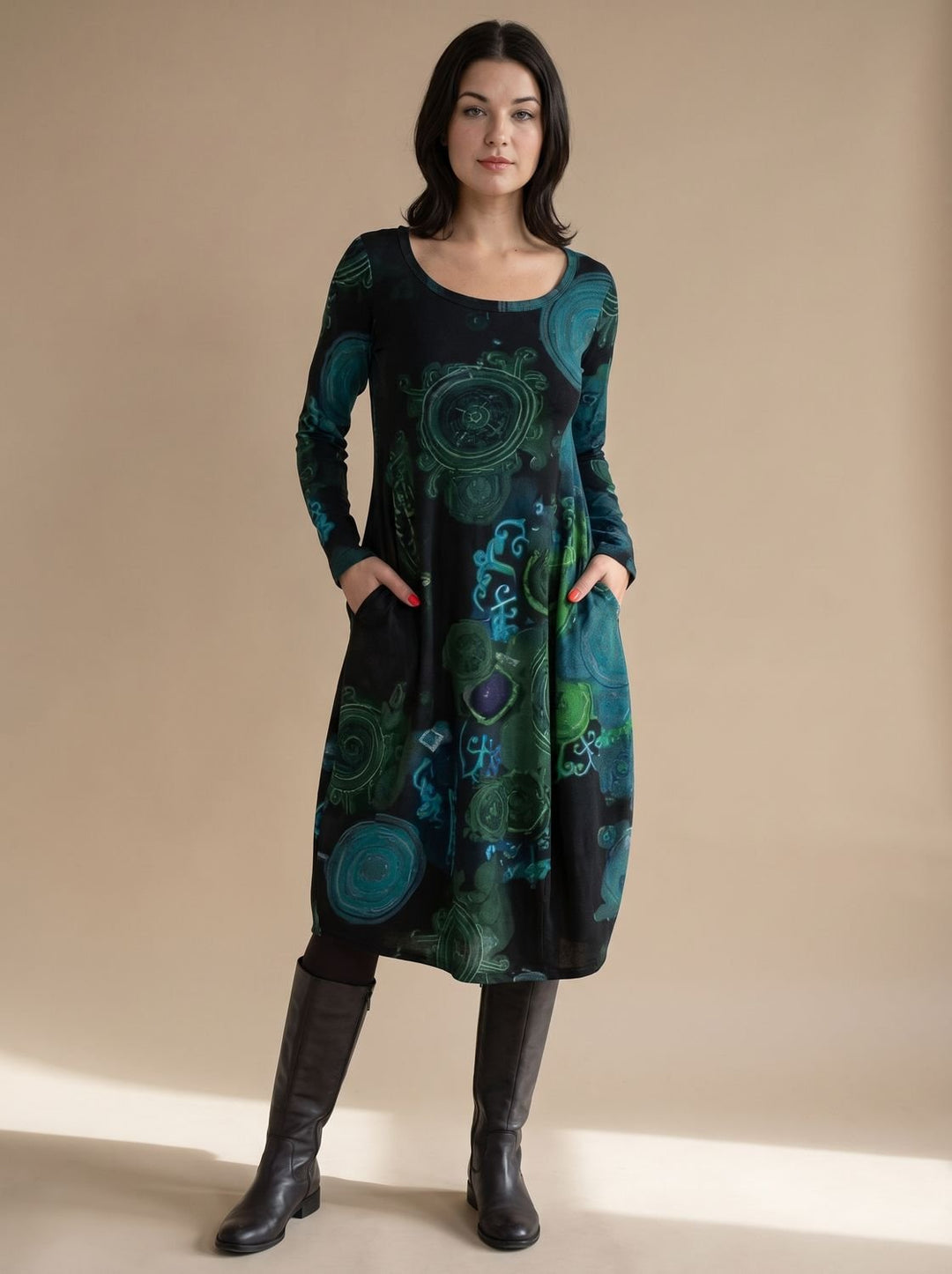 Damen Weites Midikleid mit Allover-Print Langen Ärmeln und Taschen