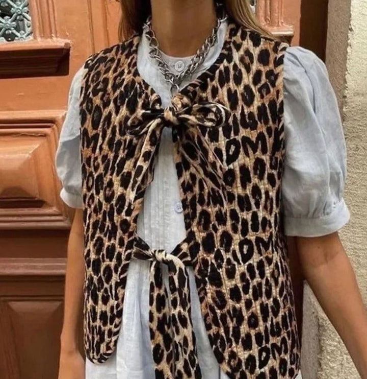 Damen Weste im Leopardenmuster mit Bindeband - Gepunktet