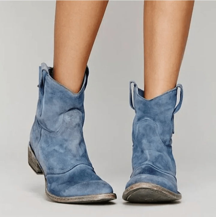 Damen Western Ankle Boots Wildleder Kniehohe Stiefel Flacher Absatz - Blau
