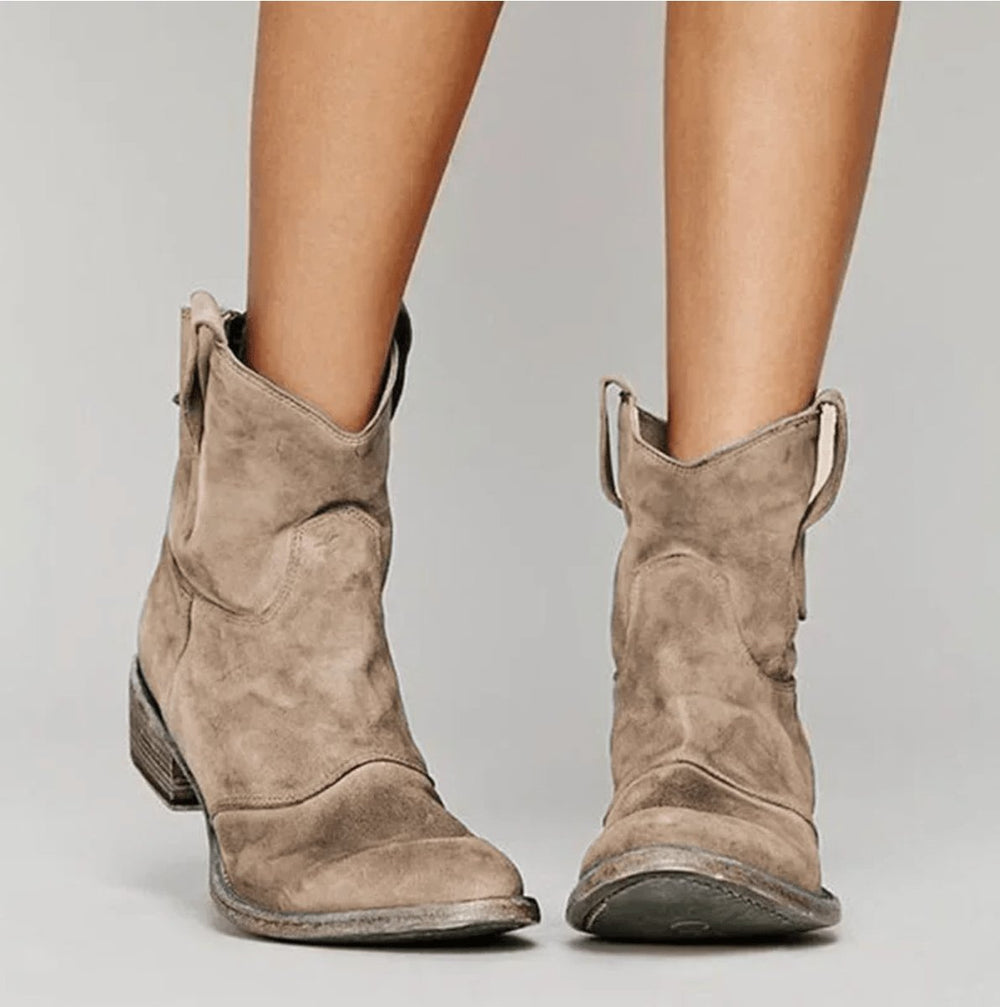 Damen Western Ankle Boots Wildleder Kniehohe Stiefel Flacher Absatz - Braun