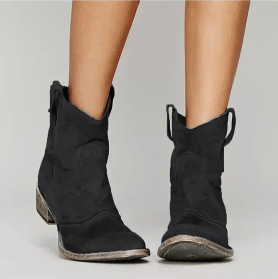 Damen Western Ankle Boots Wildleder Kniehohe Stiefel Flacher Absatz - Schwarz