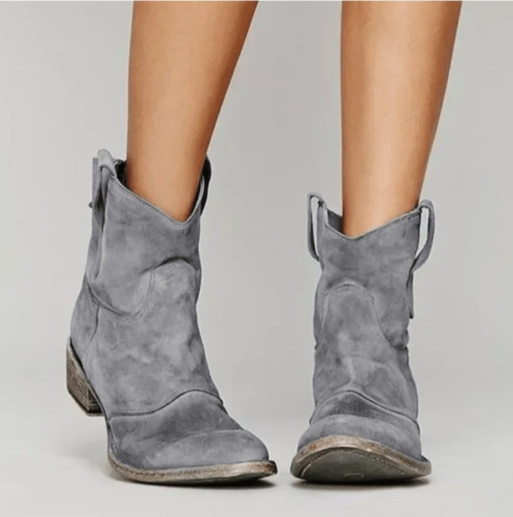 Damen Western Ankle Boots Wildleder Kniehohe Stiefel Flacher Absatz - Grau
