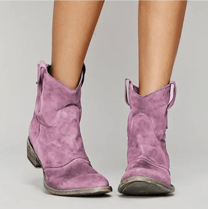 Damen Western Ankle Boots Wildleder Kniehohe Stiefel Flacher Absatz - Rosa
