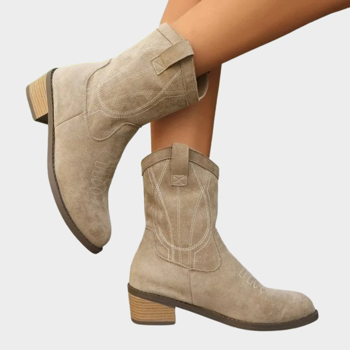 Damen Western Cowboy Ankle Boots Stiefeletten mit Steppdetails - Grau