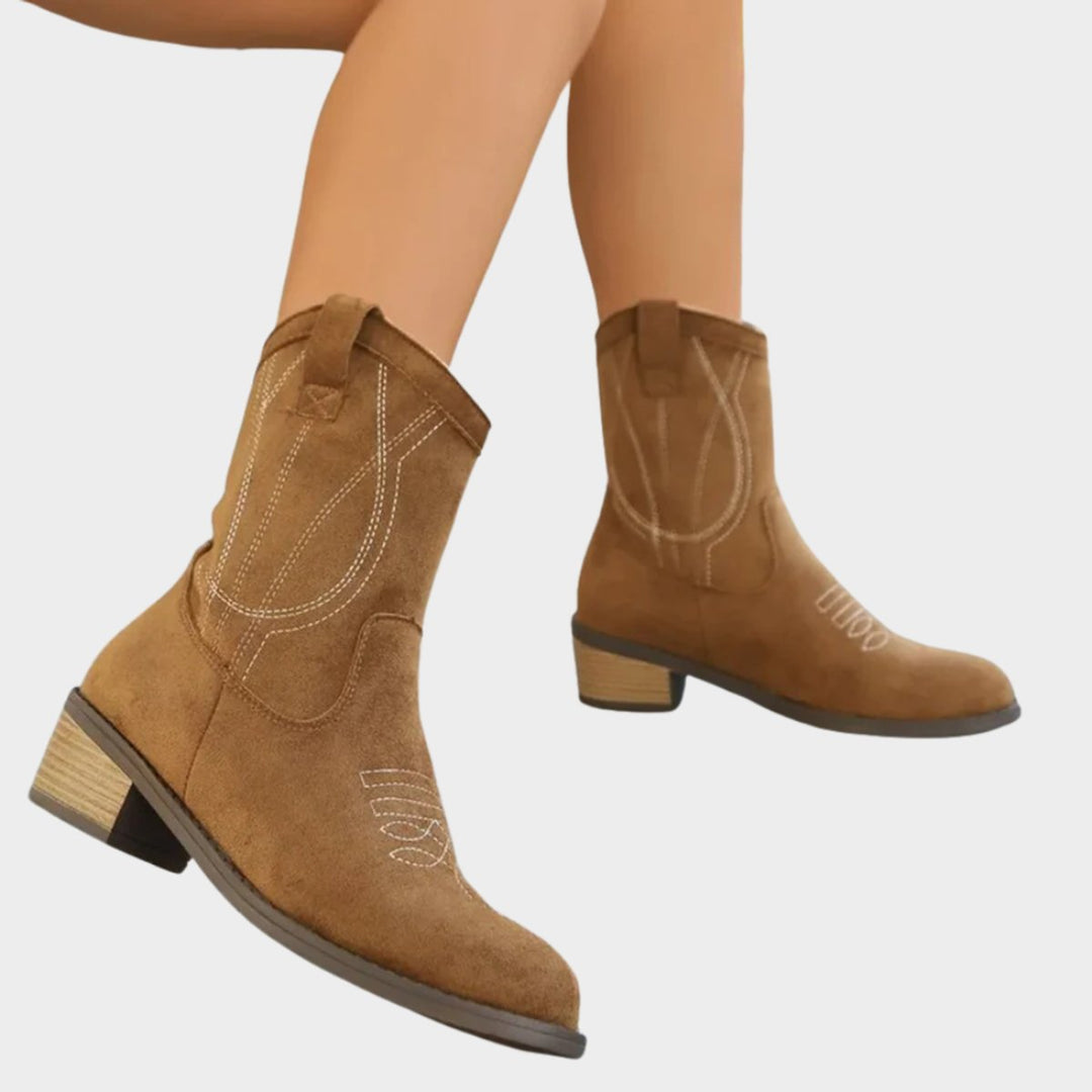 Damen Western Cowboy Ankle Boots Stiefeletten mit Steppdetails - Khaki