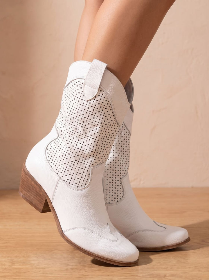 Damen Western Cowboy-Stiefel Perforierter Veloursleder-Look Blockabsatz