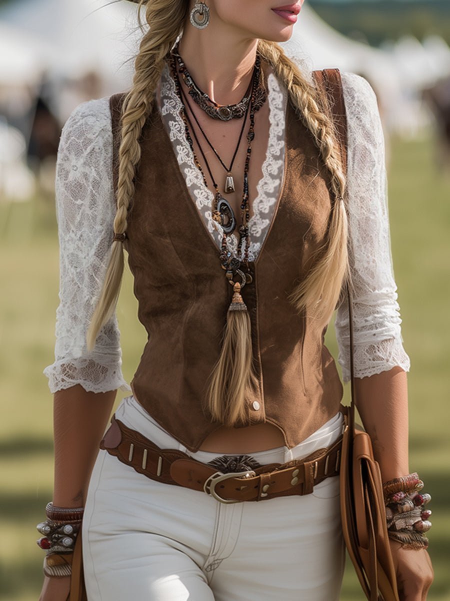 Damen Western Spitzenbluse Langarm Tailliert V-Ausschnitt - Brown