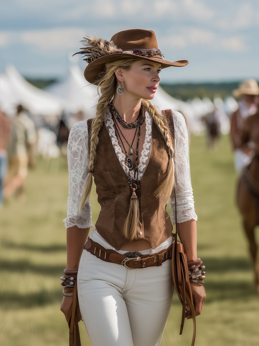 Damen Western Spitzenbluse Langarm Tailliert V-Ausschnitt
