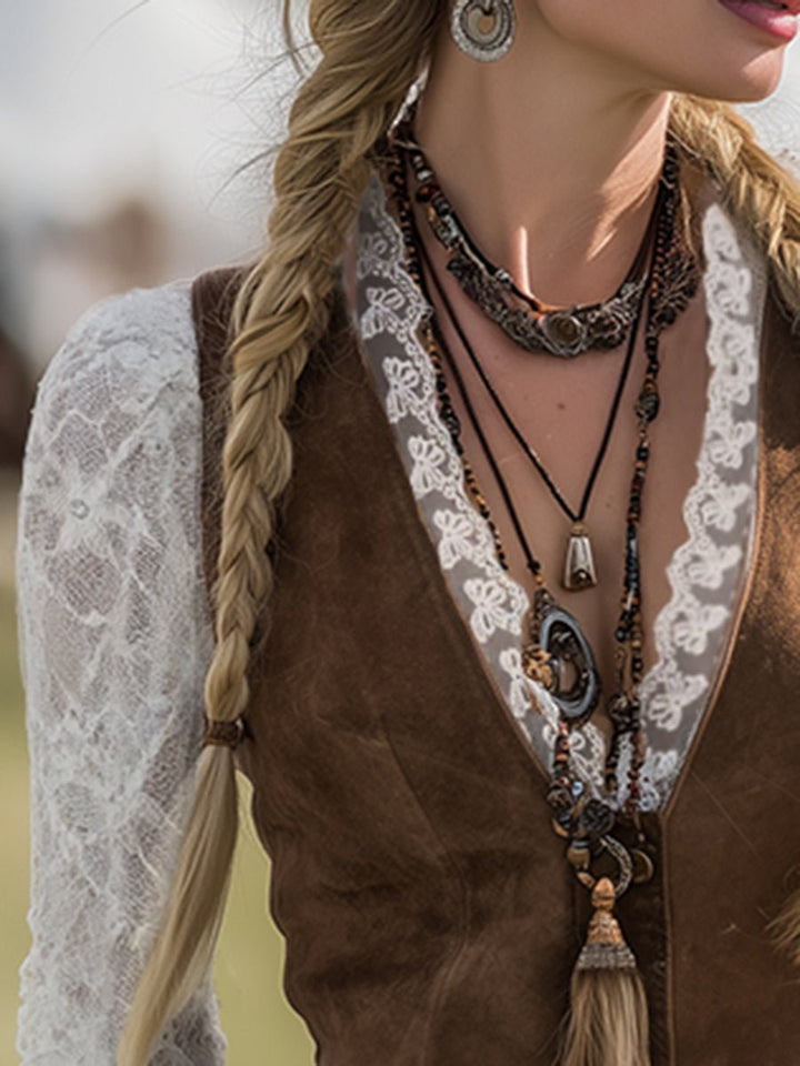Damen Western Spitzenbluse Langarm Tailliert V-Ausschnitt