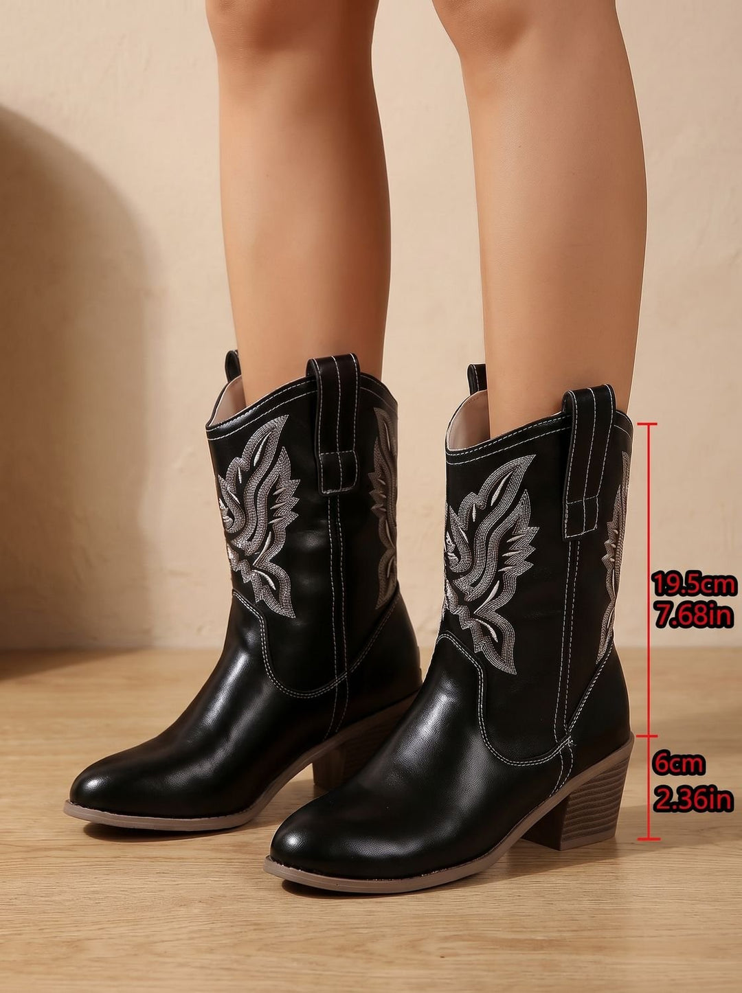 Damen Western Stiefeletten mit Blockabsatz und Stickerei, Black