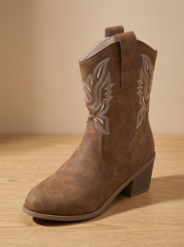 Damen Western Stiefeletten mit Blockabsatz und Stickerei, Black - Dunkelbraun