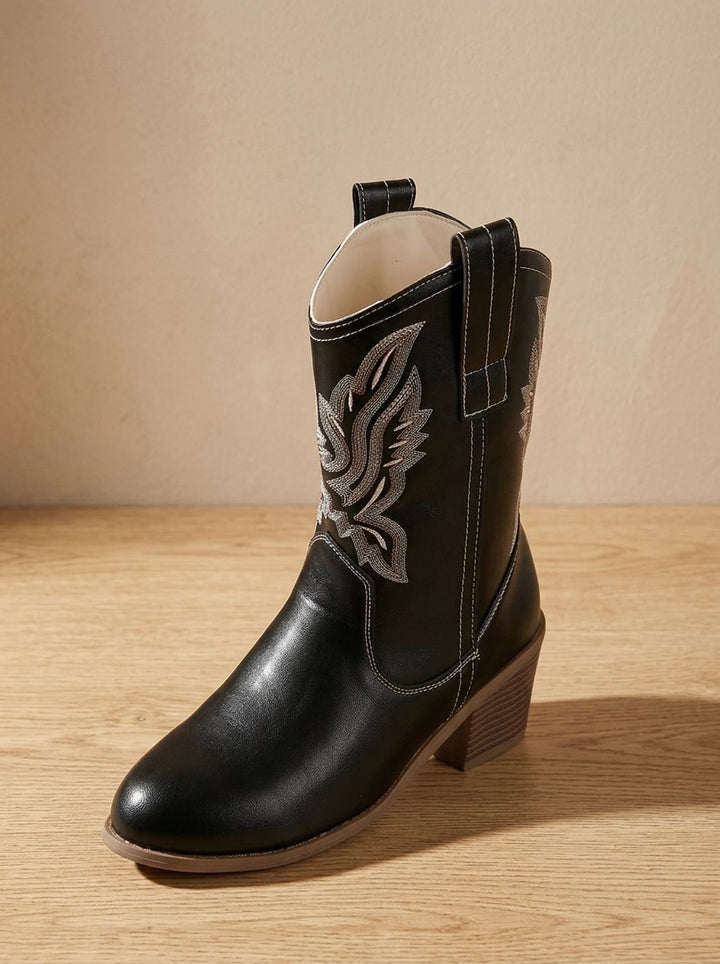 Damen Western Stiefeletten mit Blockabsatz und Stickerei, Black - Schwarz
