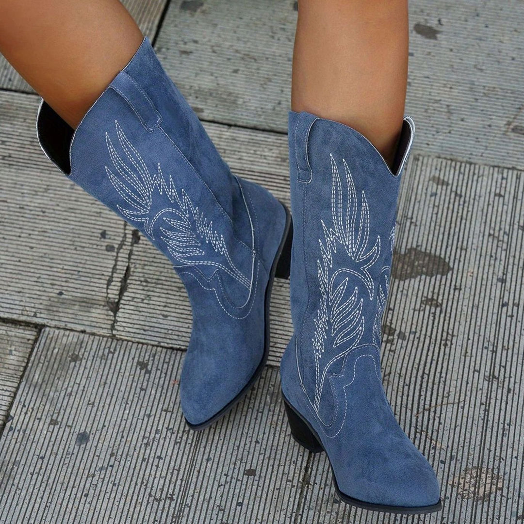 Damen Westernstiefel mit Blockabsatz weitem Schaft und Stickerei