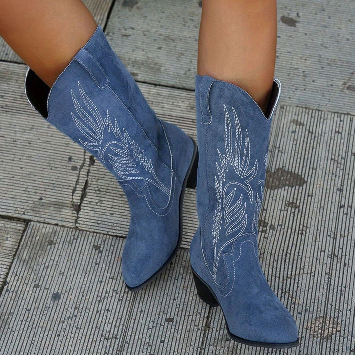 Damen Westernstiefel mit Blockabsatz weitem Schaft und Stickerei