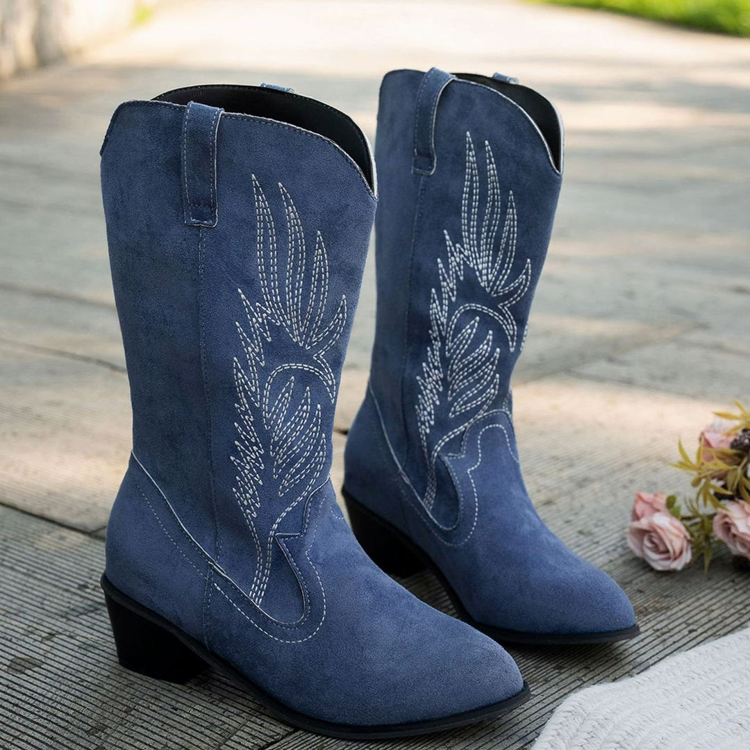 Damen Westernstiefel mit Blockabsatz weitem Schaft und Stickerei