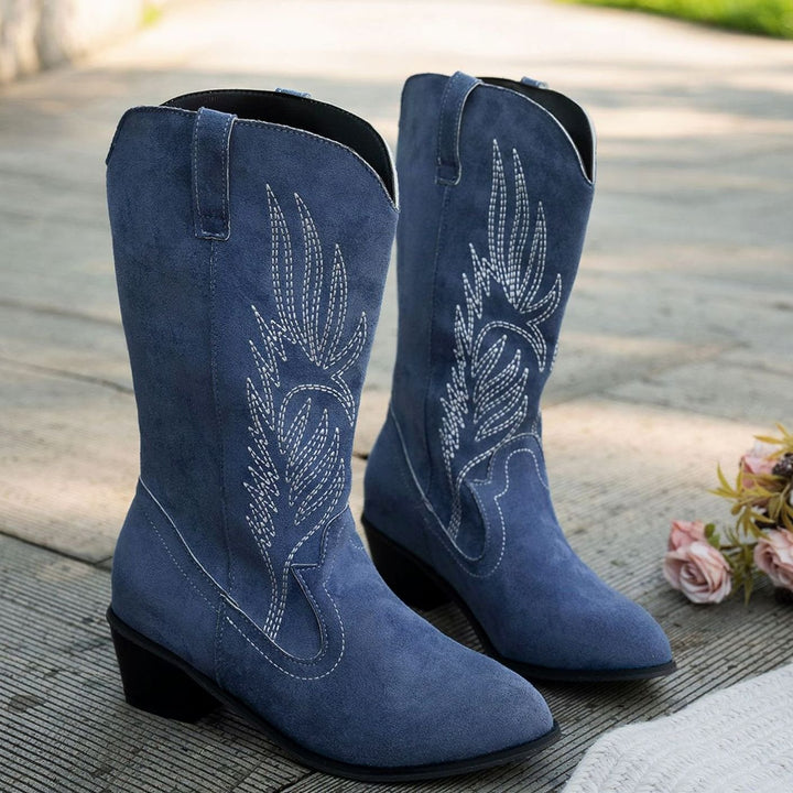 Damen Westernstiefel mit Blockabsatz weitem Schaft und Stickerei