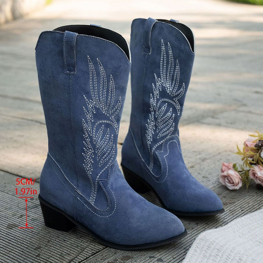 Damen Westernstiefel mit Blockabsatz weitem Schaft und Stickerei