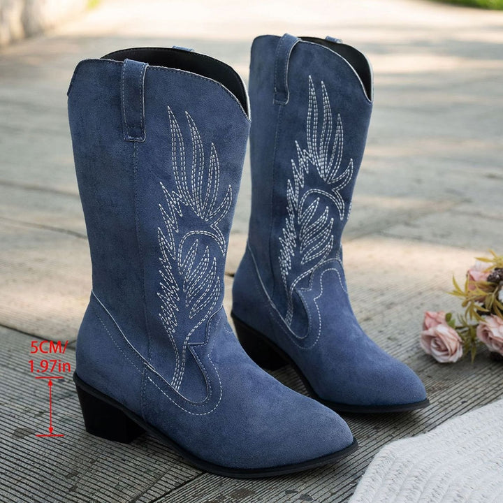 Damen Westernstiefel mit Blockabsatz weitem Schaft und Stickerei