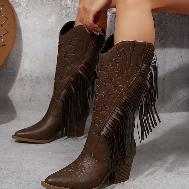 Damen Westernstiefel mit Fransen Sternstickerei weiter Schaft