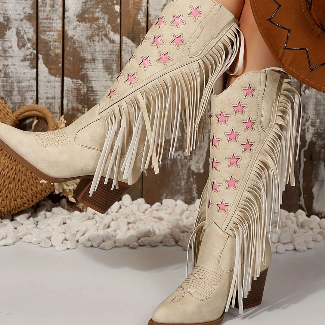 Damen Westernstiefel mit Fransen Sternstickerei weiter Schaft - Beige