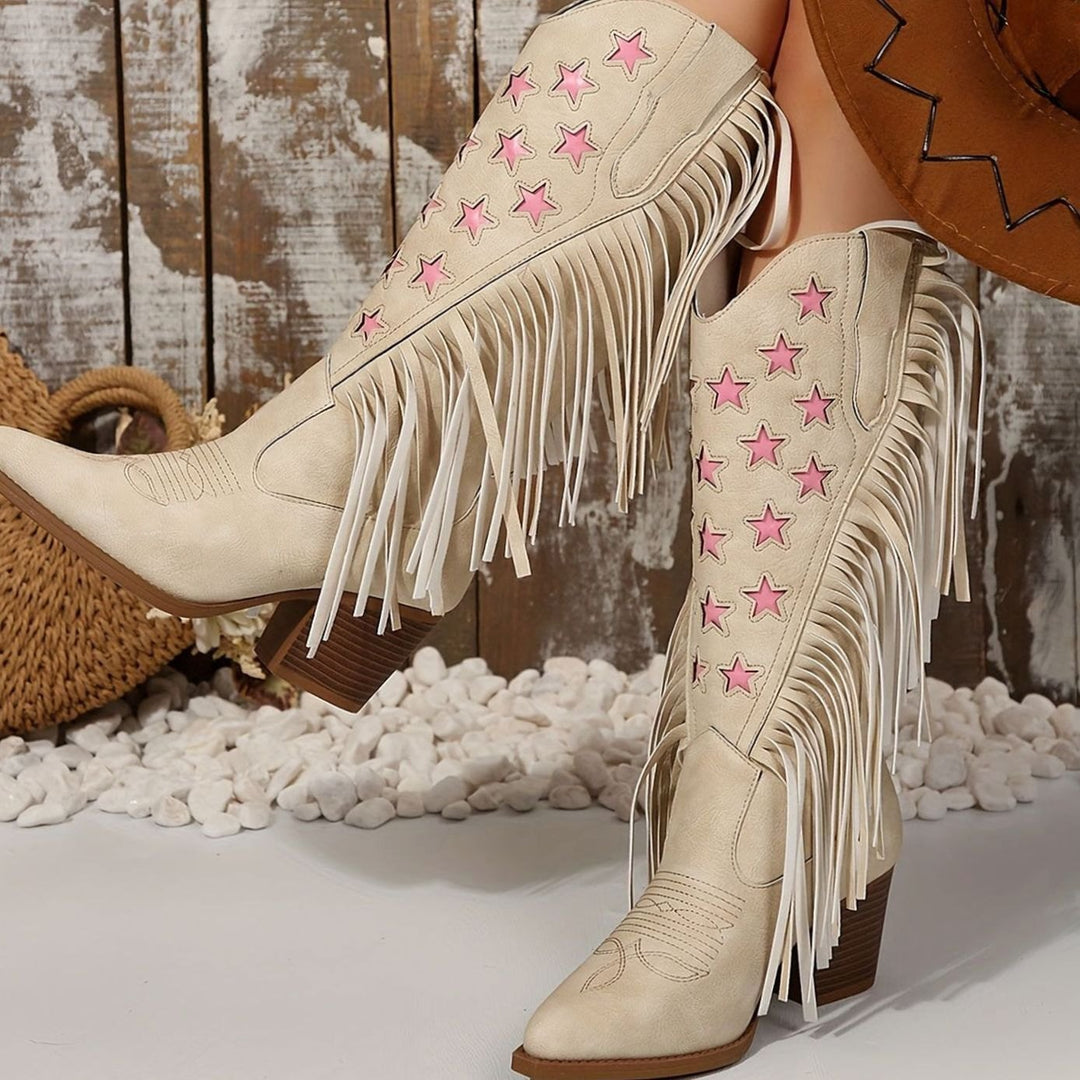 Damen Westernstiefel mit Fransen Sternstickerei weiter Schaft