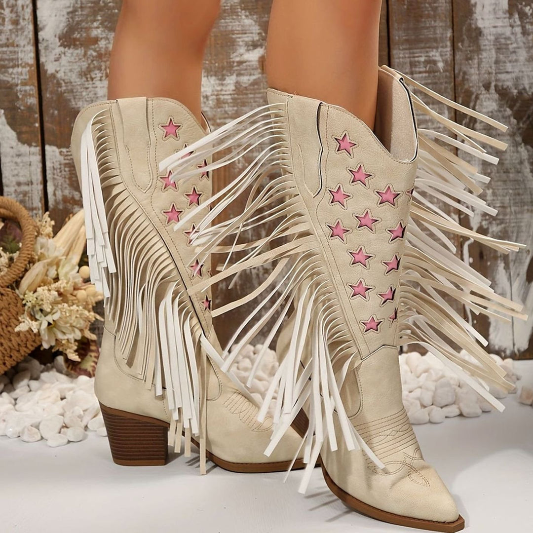 Damen Westernstiefel mit Fransen Sternstickerei weiter Schaft