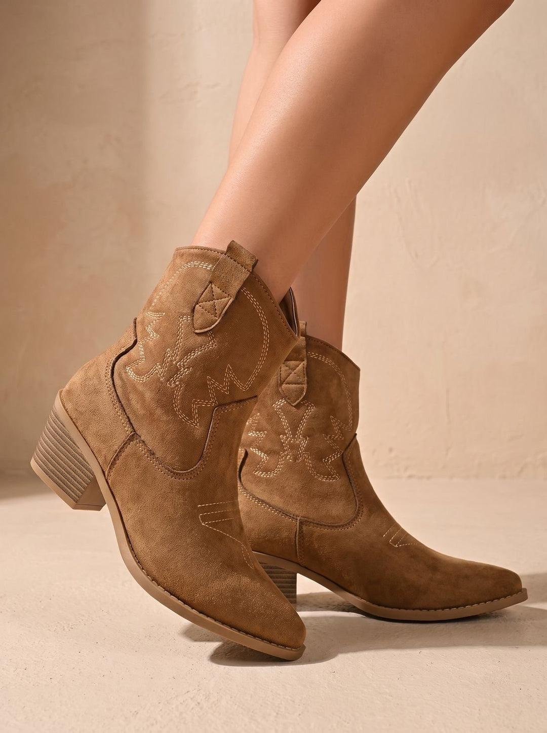 Damen Westernstiefel mit Stickerei weitem Schaft Blockabsatz
