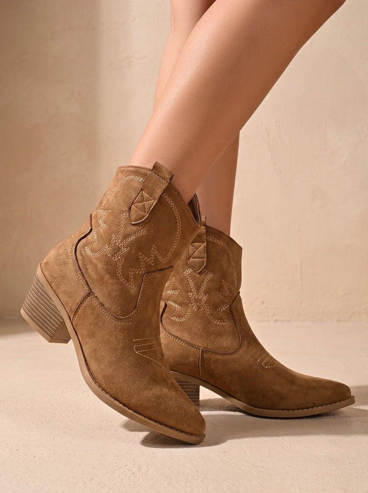 Damen Westernstiefel mit Stickerei weitem Schaft Blockabsatz