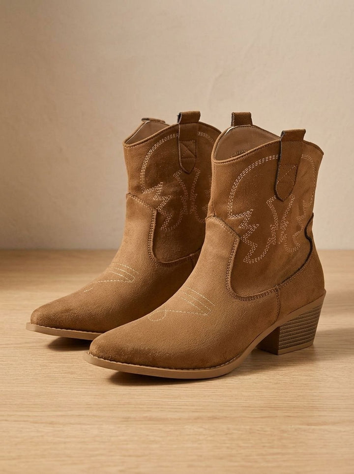 Damen Westernstiefel mit Stickerei weitem Schaft Blockabsatz - Hellbraun