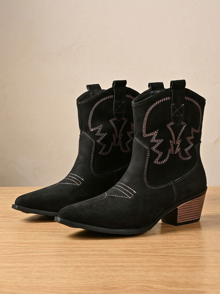 Damen Westernstiefel mit Stickerei weitem Schaft Blockabsatz - Schwarz
