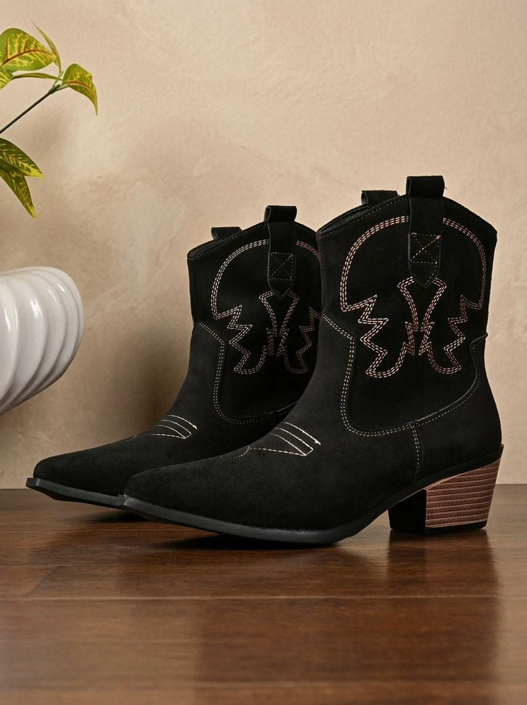 Damen Westernstiefel mit Stickerei weitem Schaft Blockabsatz