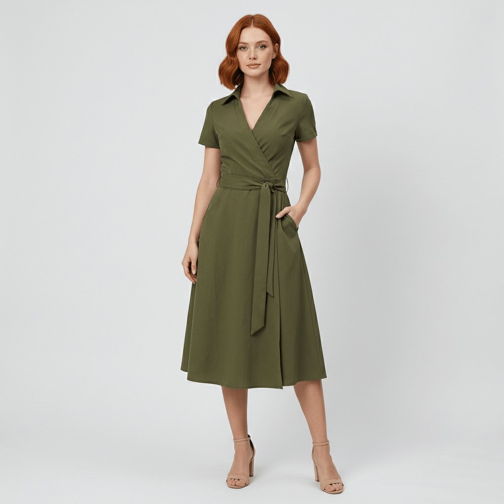 Damen Wickel-Midi-Kleid mit V-Ausschnitt Taillengürtel Seitentaschen - Olive Green