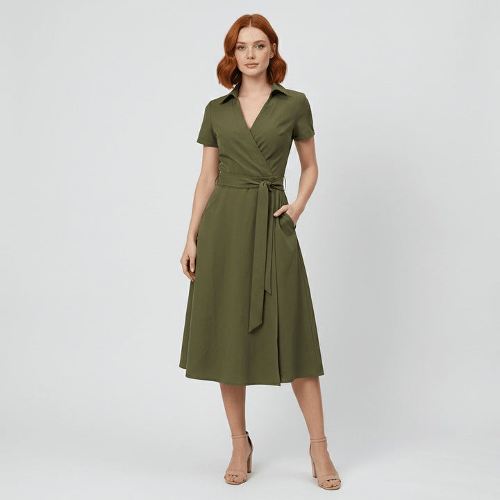Damen Wickel-Midi-Kleid mit V-Ausschnitt Taillengürtel Seitentaschen - Olive Green