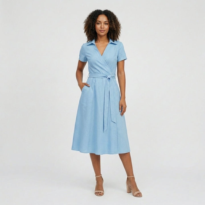 Damen Wickel-Midi-Kleid mit V-Ausschnitt Taillengürtel Seitentaschen - Sky Blue