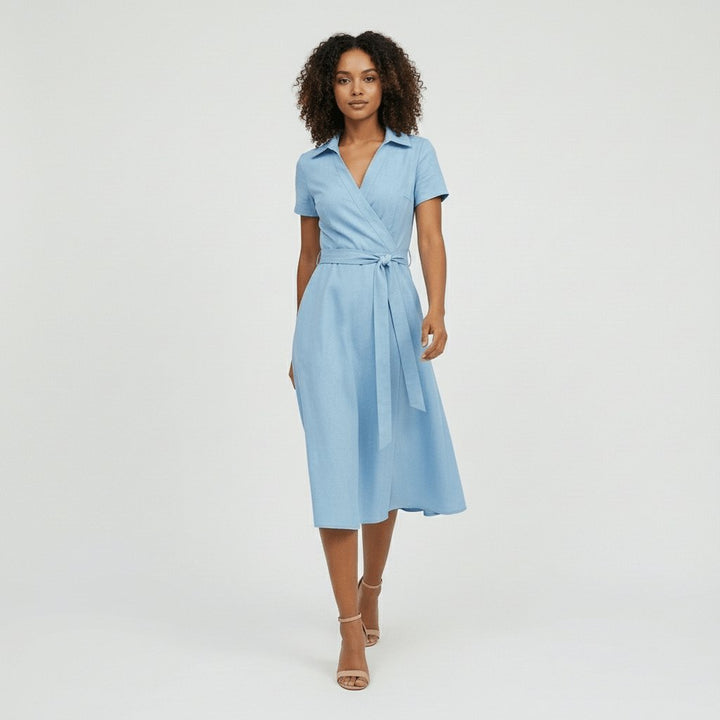 Damen Wickel-Midi-Kleid mit V-Ausschnitt Taillengürtel Seitentaschen