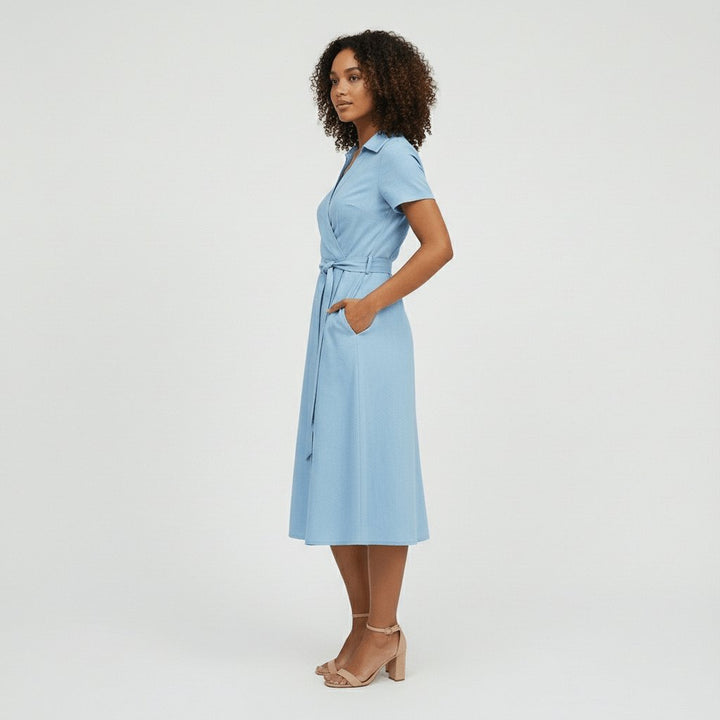 Damen Wickel-Midi-Kleid mit V-Ausschnitt Taillengürtel Seitentaschen