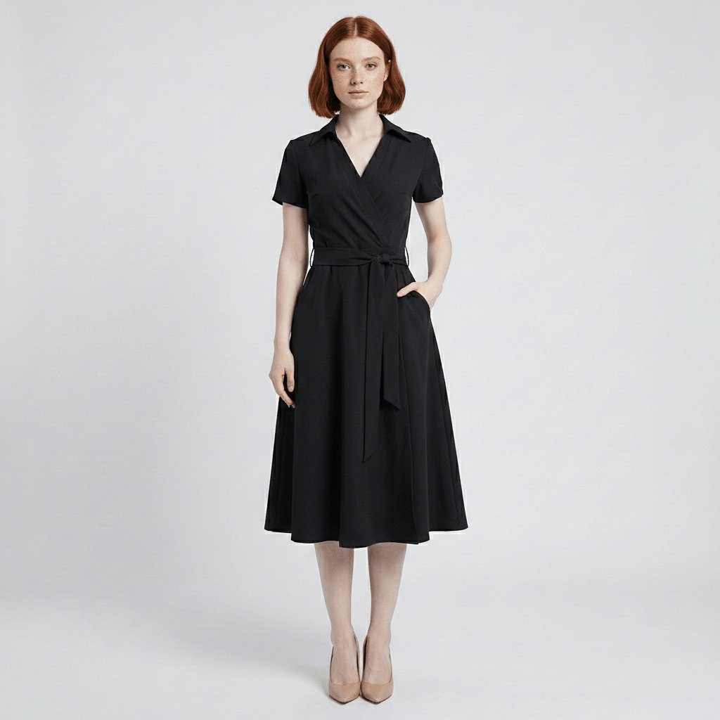 Damen Wickel-Midi-Kleid mit V-Ausschnitt Taillengürtel Seitentaschen - Deep Black