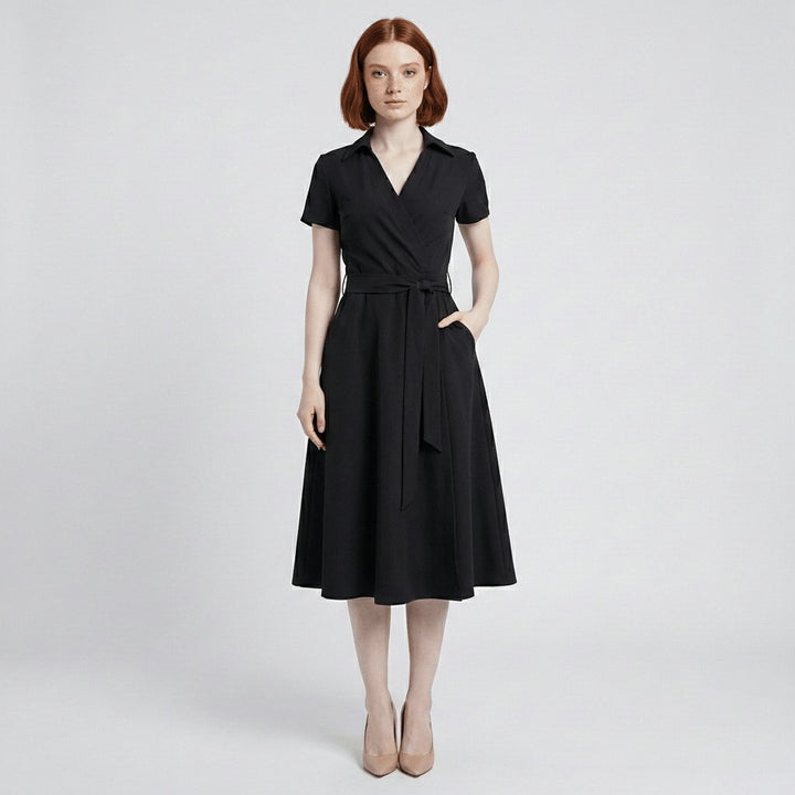 Damen Wickel-Midi-Kleid mit V-Ausschnitt Taillengürtel Seitentaschen - Deep Black