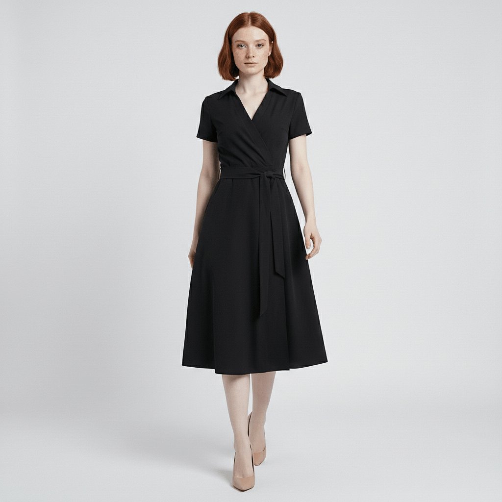 Damen Wickel-Midi-Kleid mit V-Ausschnitt Taillengürtel Seitentaschen