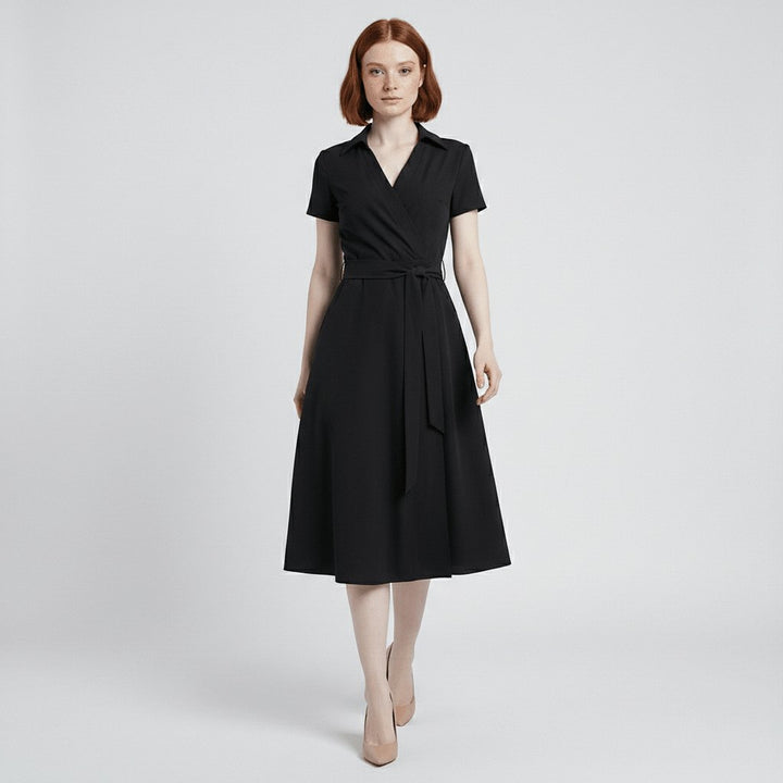 Damen Wickel-Midi-Kleid mit V-Ausschnitt Taillengürtel Seitentaschen