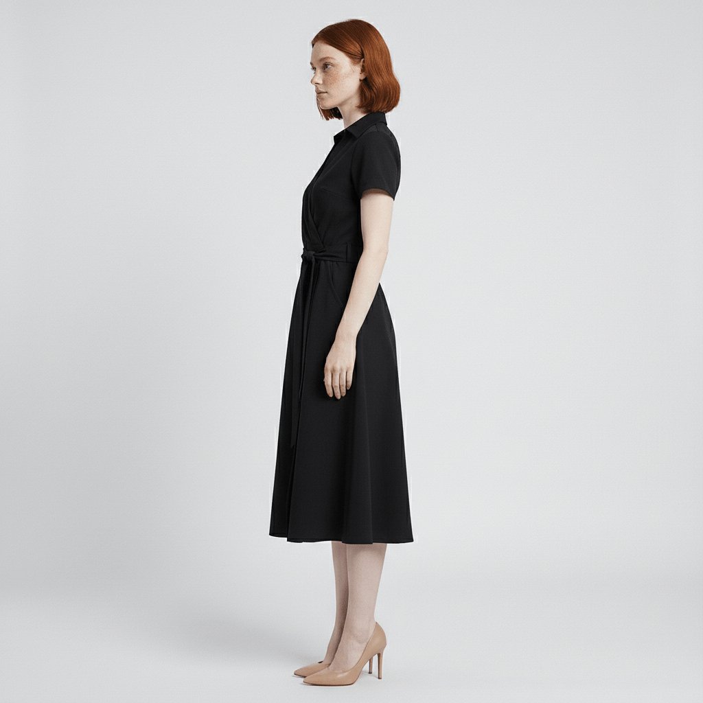 Damen Wickel-Midi-Kleid mit V-Ausschnitt Taillengürtel Seitentaschen