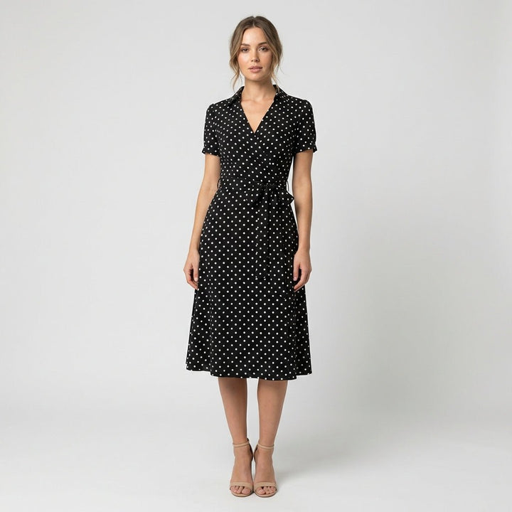 Damen Wickel-Midi-Kleid mit V-Ausschnitt Taillengürtel Seitentaschen - Spotty Multicolour