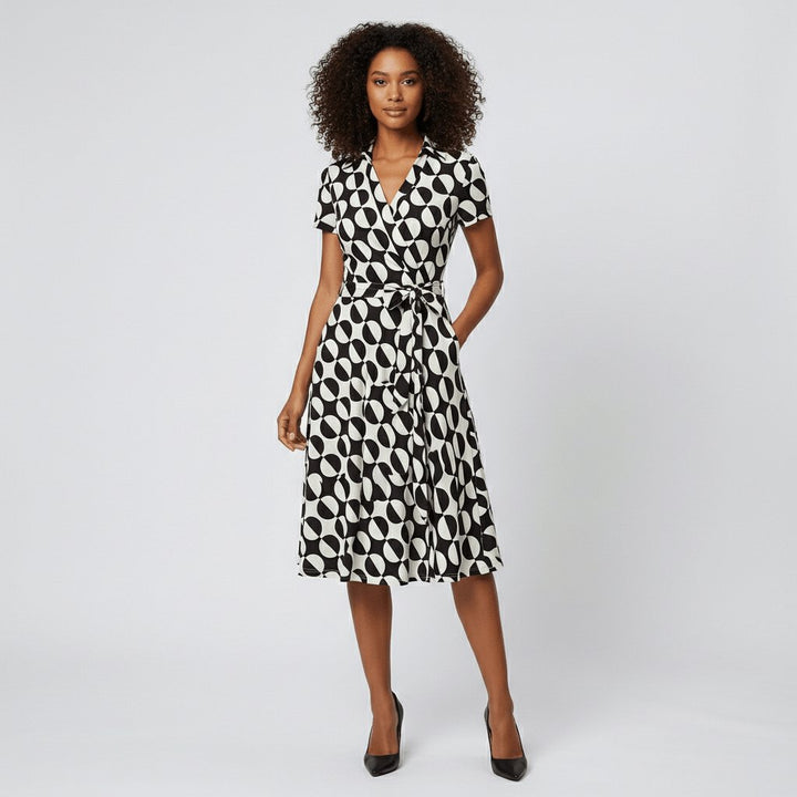 Damen Wickel-Midi-Kleid mit V-Ausschnitt Taillengürtel Seitentaschen - Geometric Multicolour
